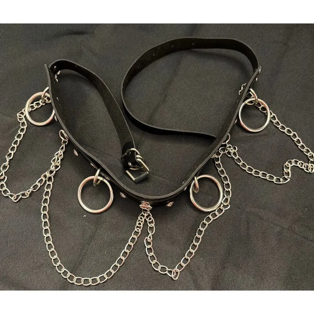 NWOT Y2K Punk Goth Faux Leather O-Ring Chain Black Belt Studs & Rhinestones, 36